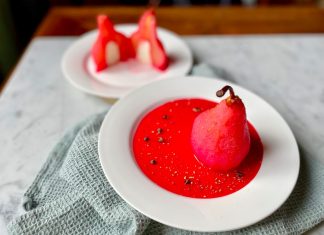 Alchermes poached pears filled with mascarpone cream